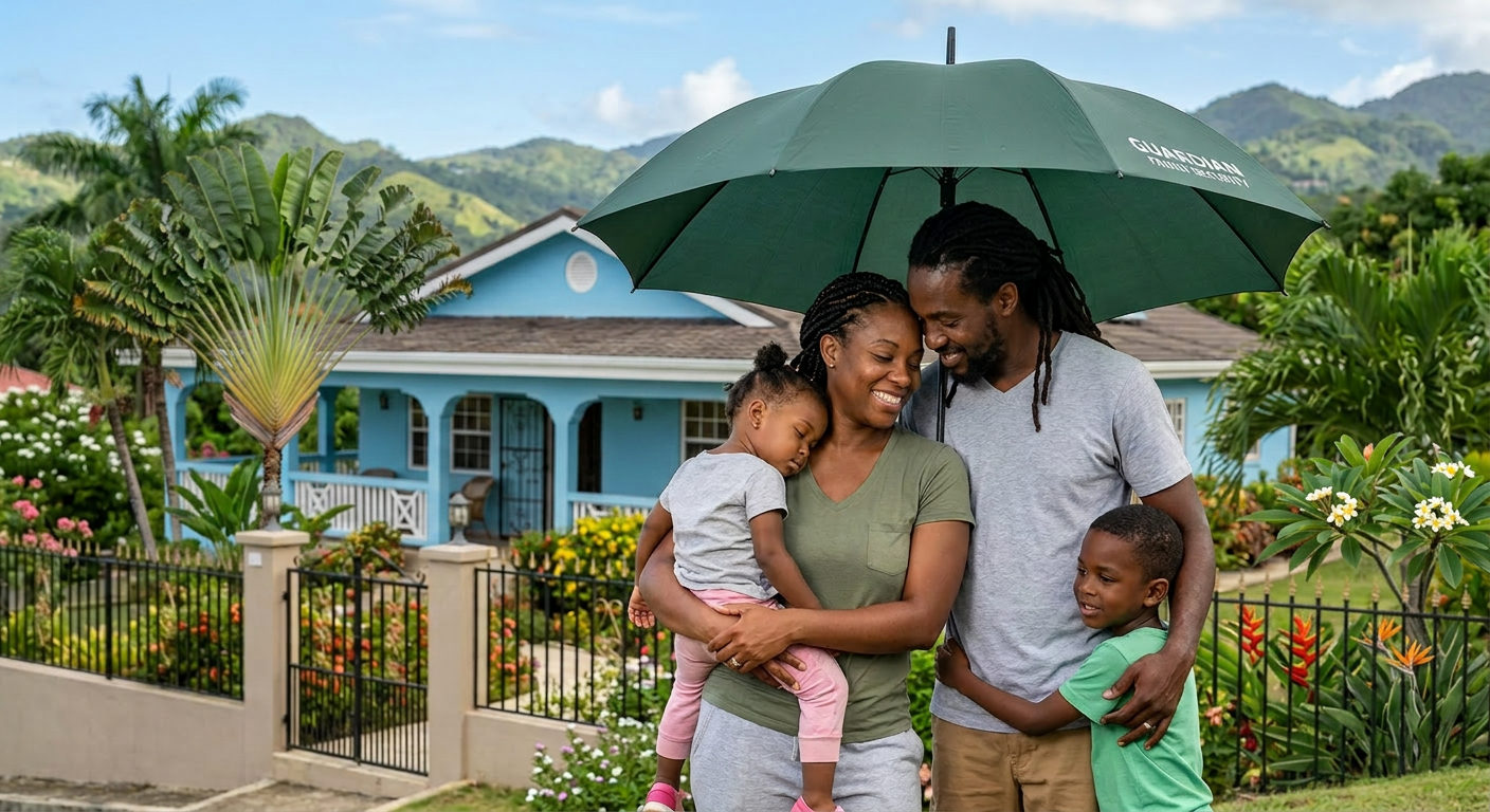 Family protection under insurance umbrella Family of four standing under green insurance umbrella outside house